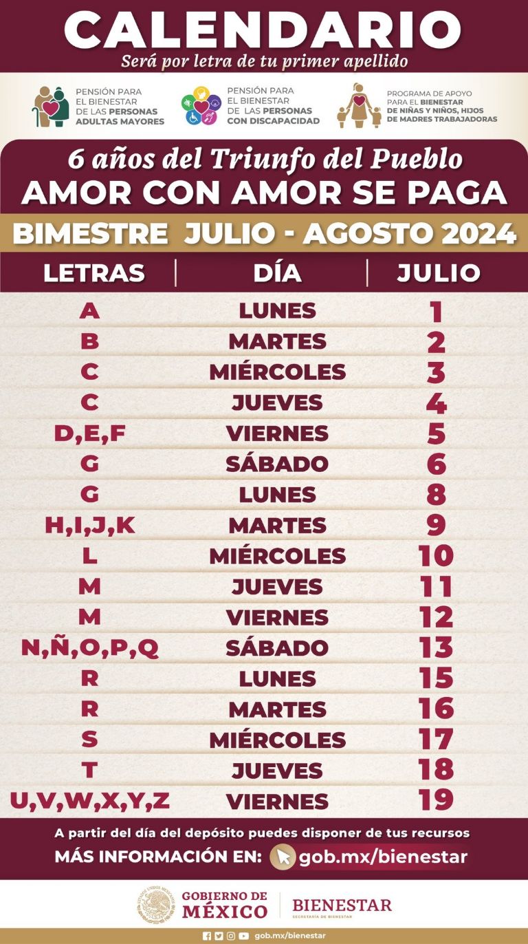 calendario pension bienestar 2024